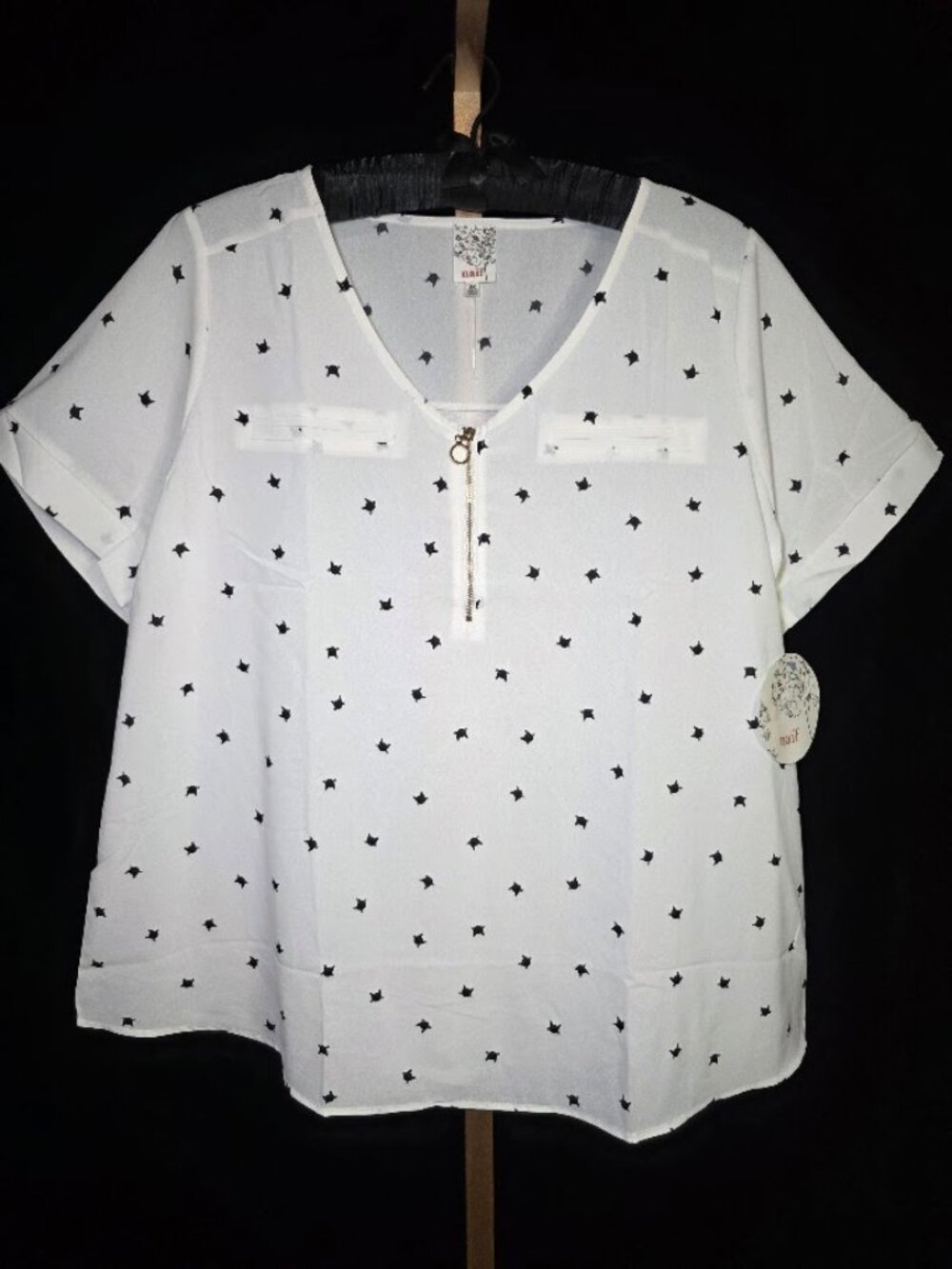 NWT Naif Zip Front Short Sleeve Cat Print Blouse 2X